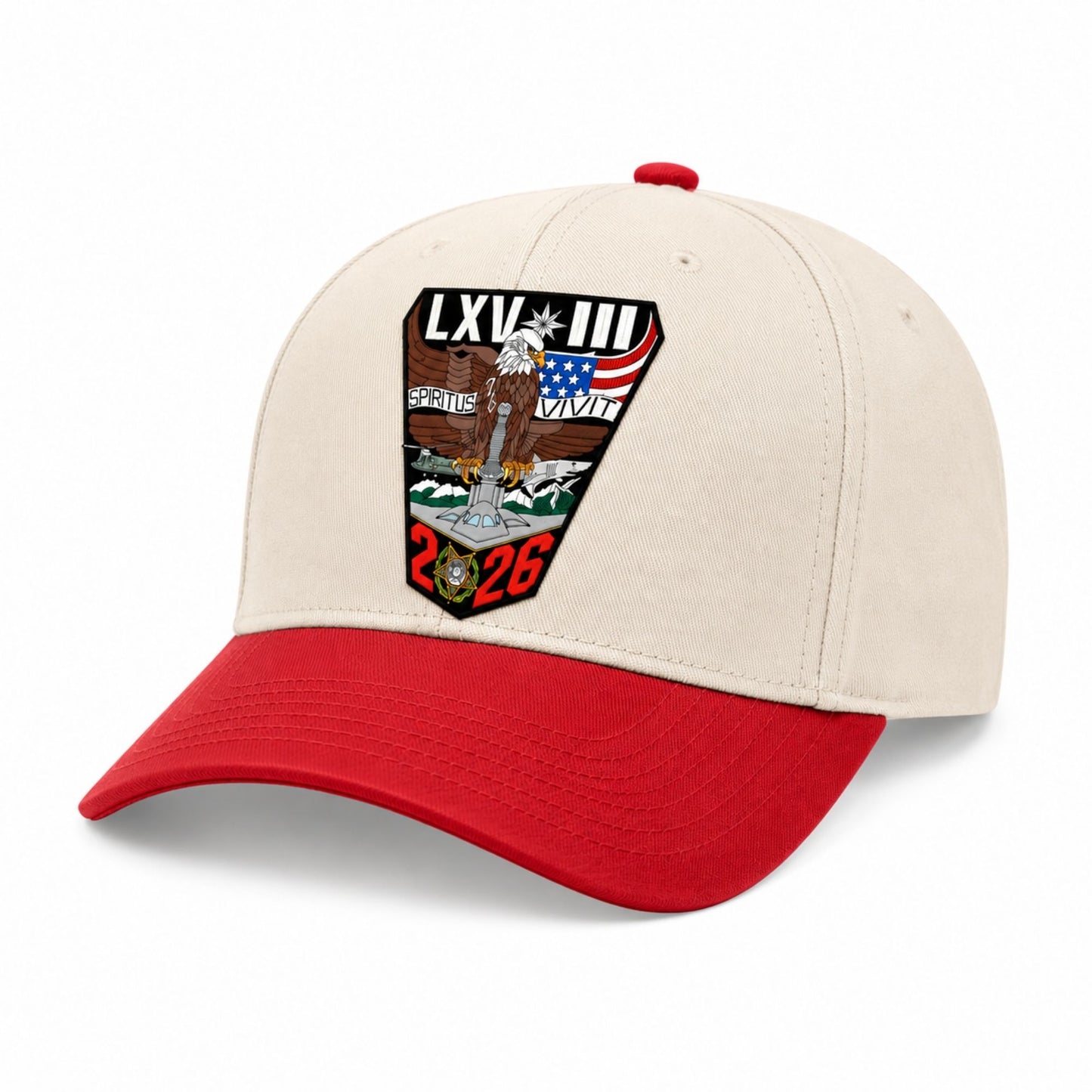 Tan and red 2026 USAFA crest trucker hat with embroidered class patch on white background