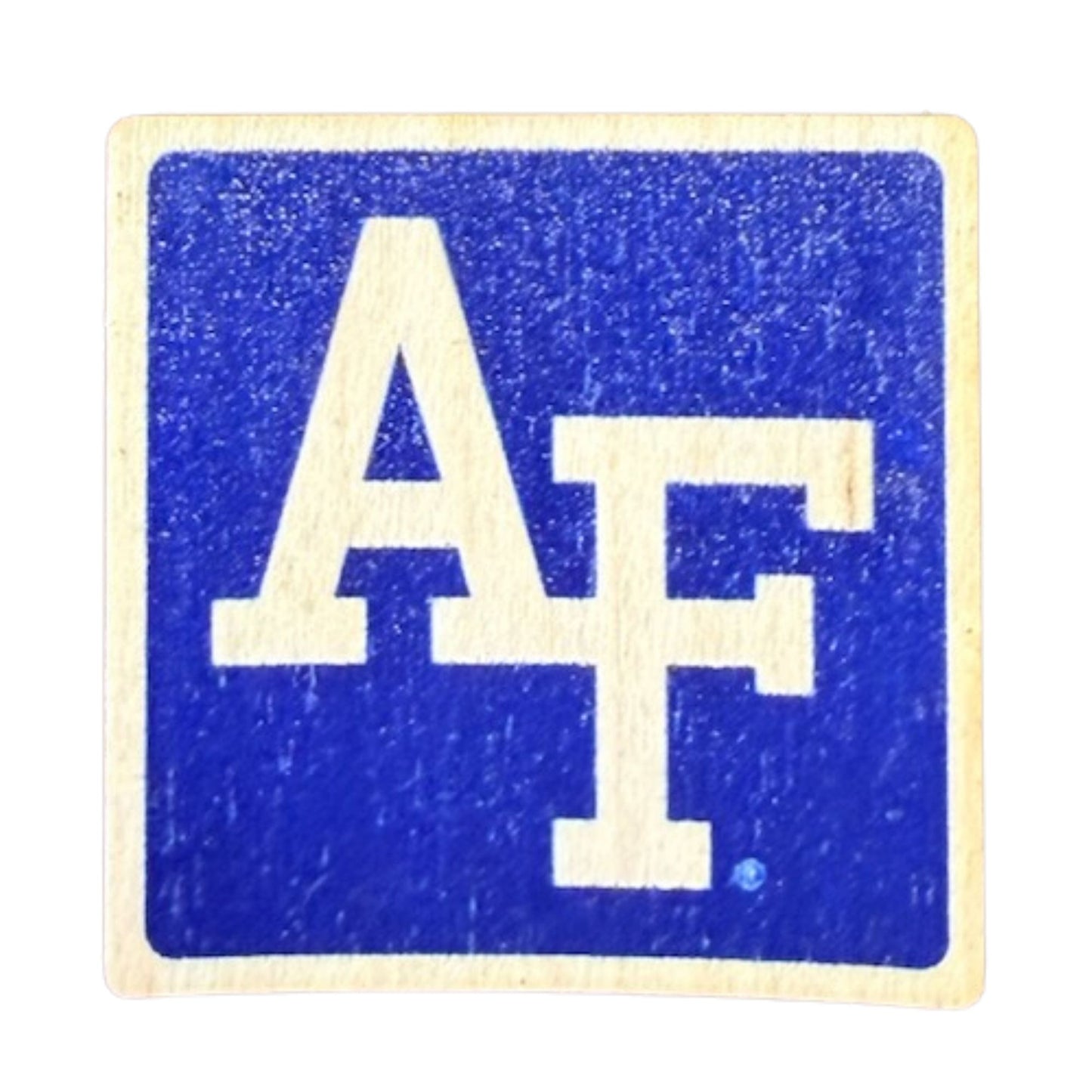 Air Force ‘AF’ mini wooden sticker with blue background and white logo