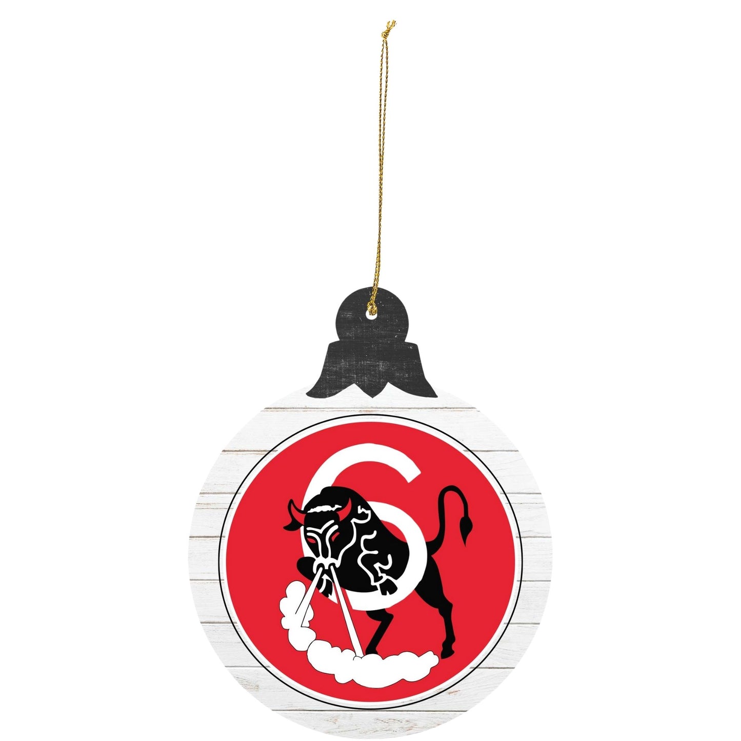 Air Force Academy Cadet Squadron 06 ‘Bull Six’ tree ornament featuring charging bull squadron crest on red background.