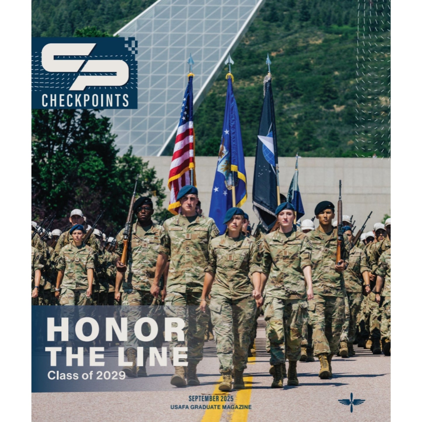 Checkpoints September 2025 magazine cover featuring cadets marching with flags at the Air Force Academy