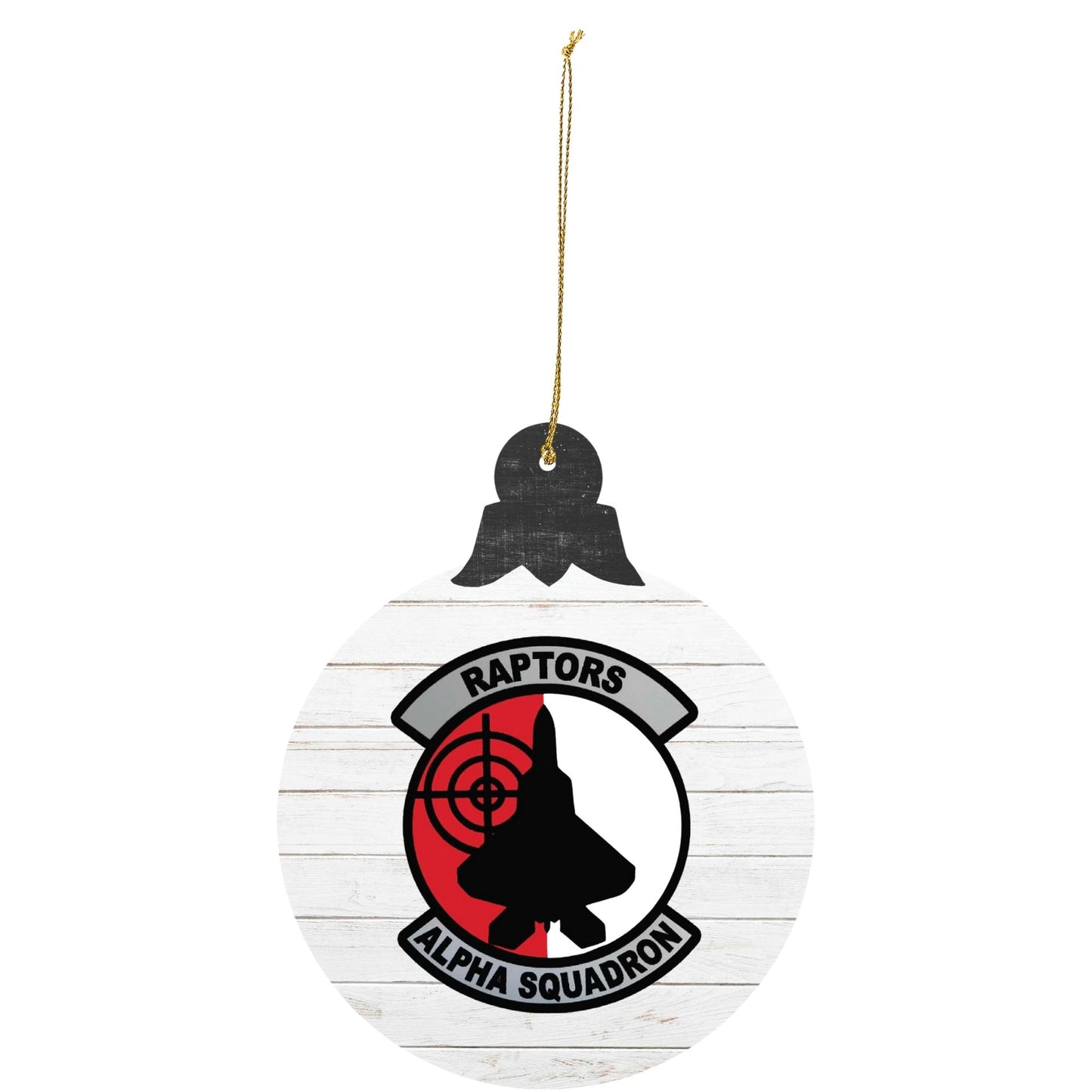 Raptors Alpha Squadron holiday ornament featuring squadron emblem on white wood-style background.
