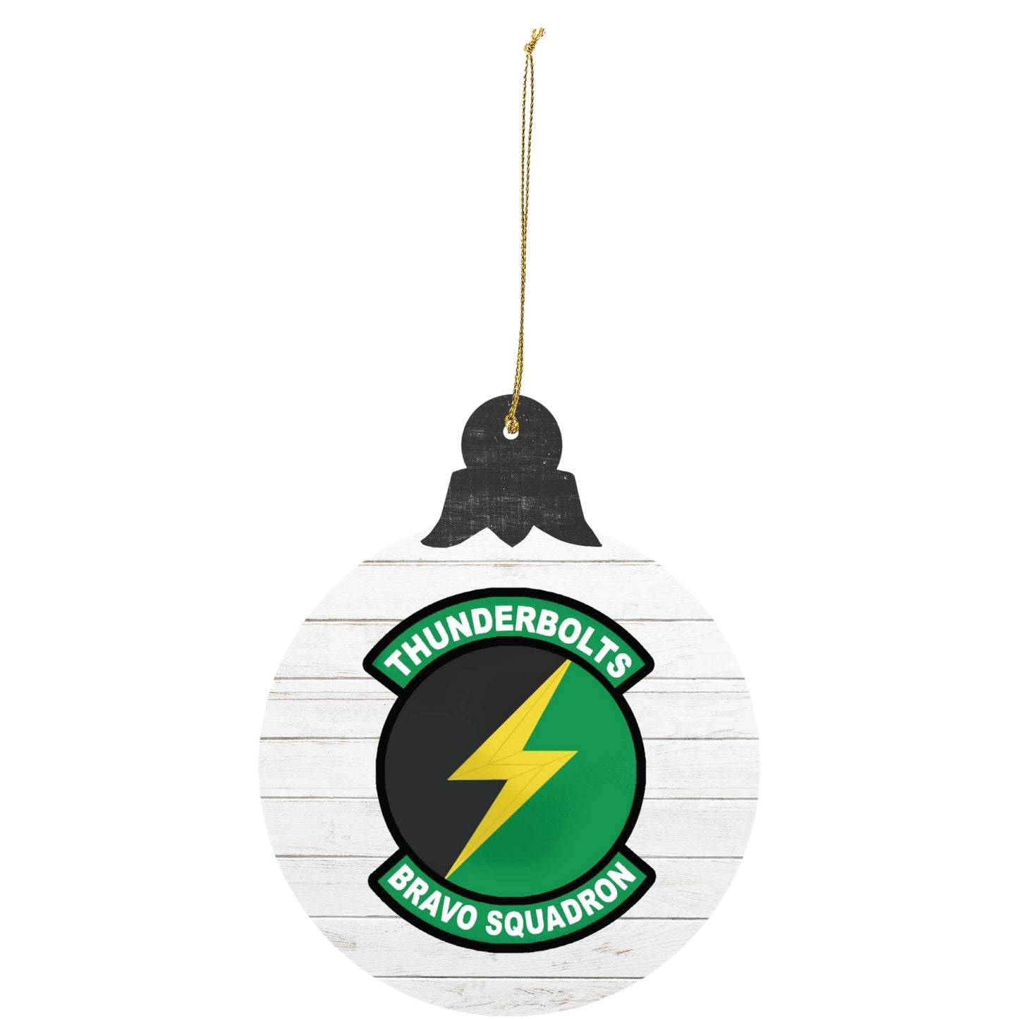 Prep School Bravo Squadron ‘Thunderbolts’ ornament featuring lightning bolt emblem on a white wood-style background.