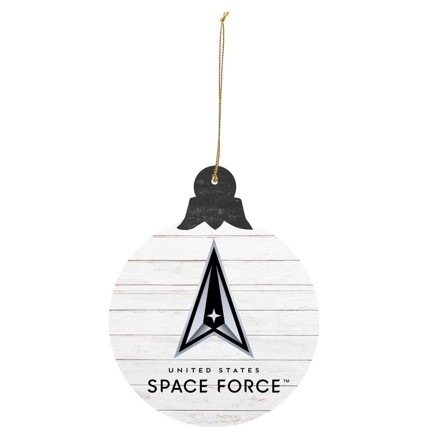 U.S. Space Force tree ornament featuring Space Force delta emblem on white wood background