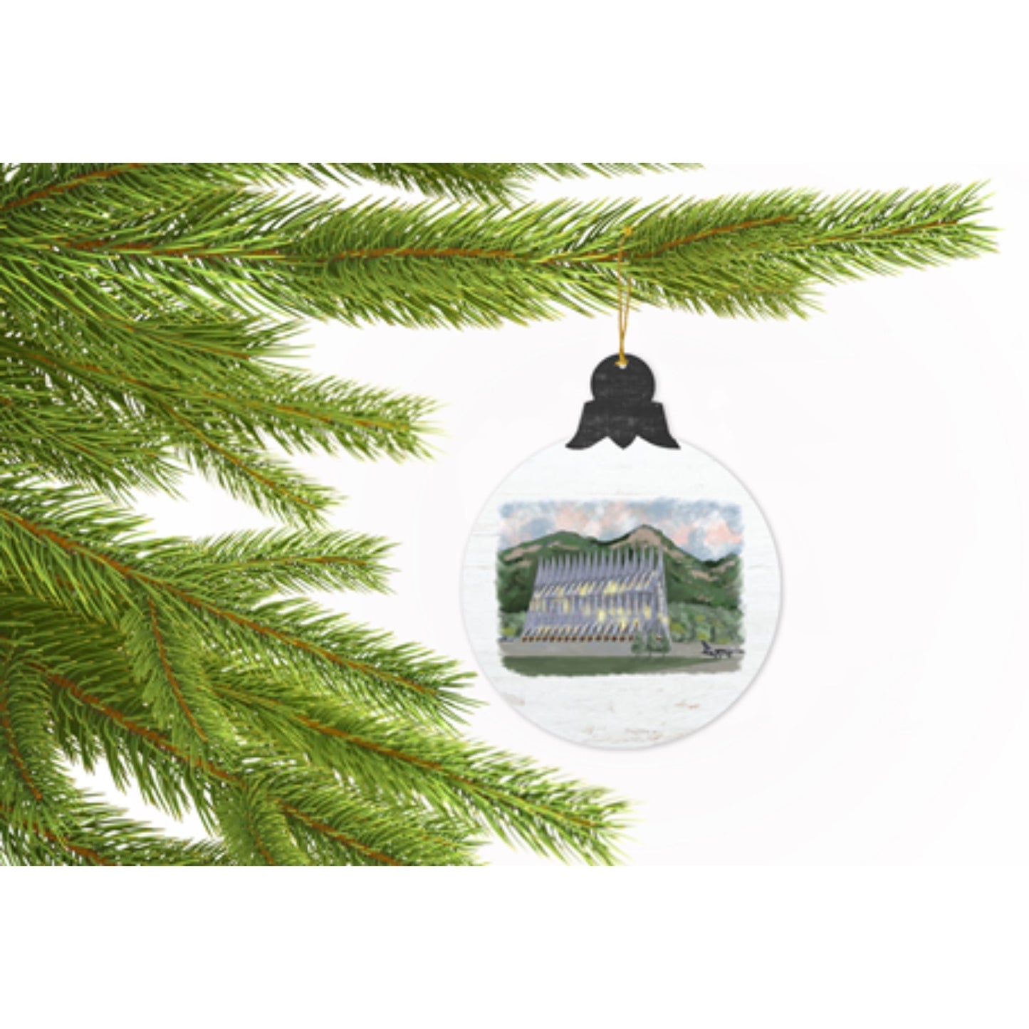 Sunset Chapel tree ornament featuring Air Force Academy Cadet Chapel with mountain backdrop