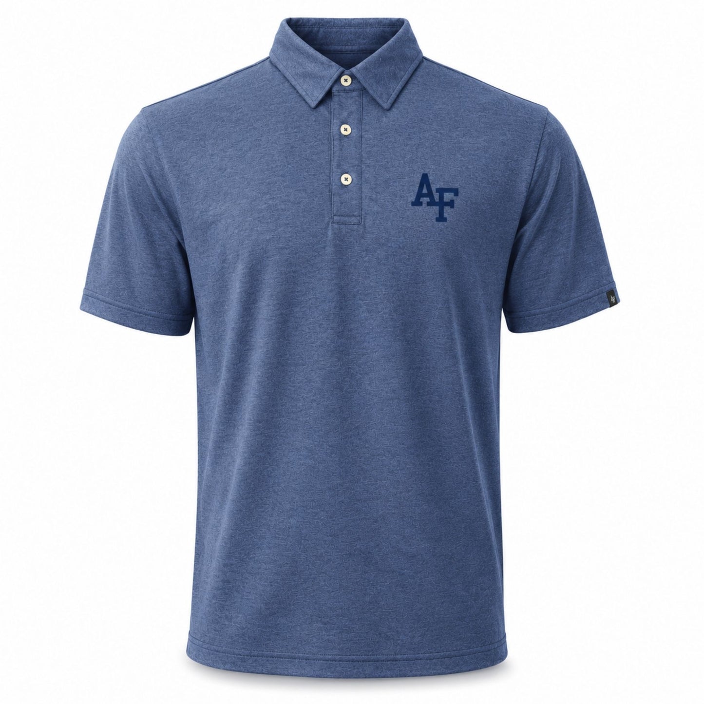 Heathered blue Air Force Academy polo shirt with embroidered AF logo on the left chest, short sleeves, three-button placket, and classic collar