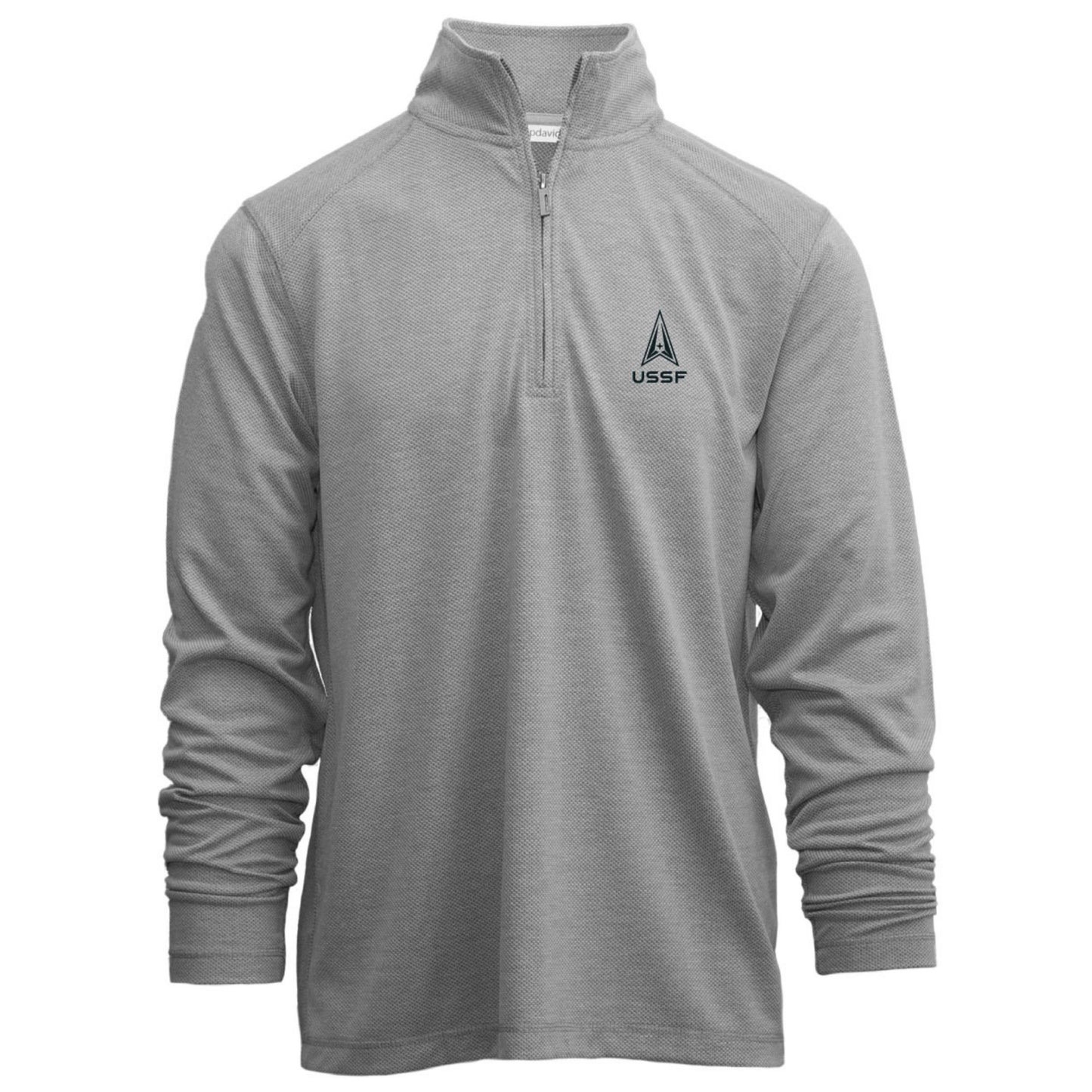 United States Space Force gray quarter zip pullover with embroidered Space Force Delta logo on left chest