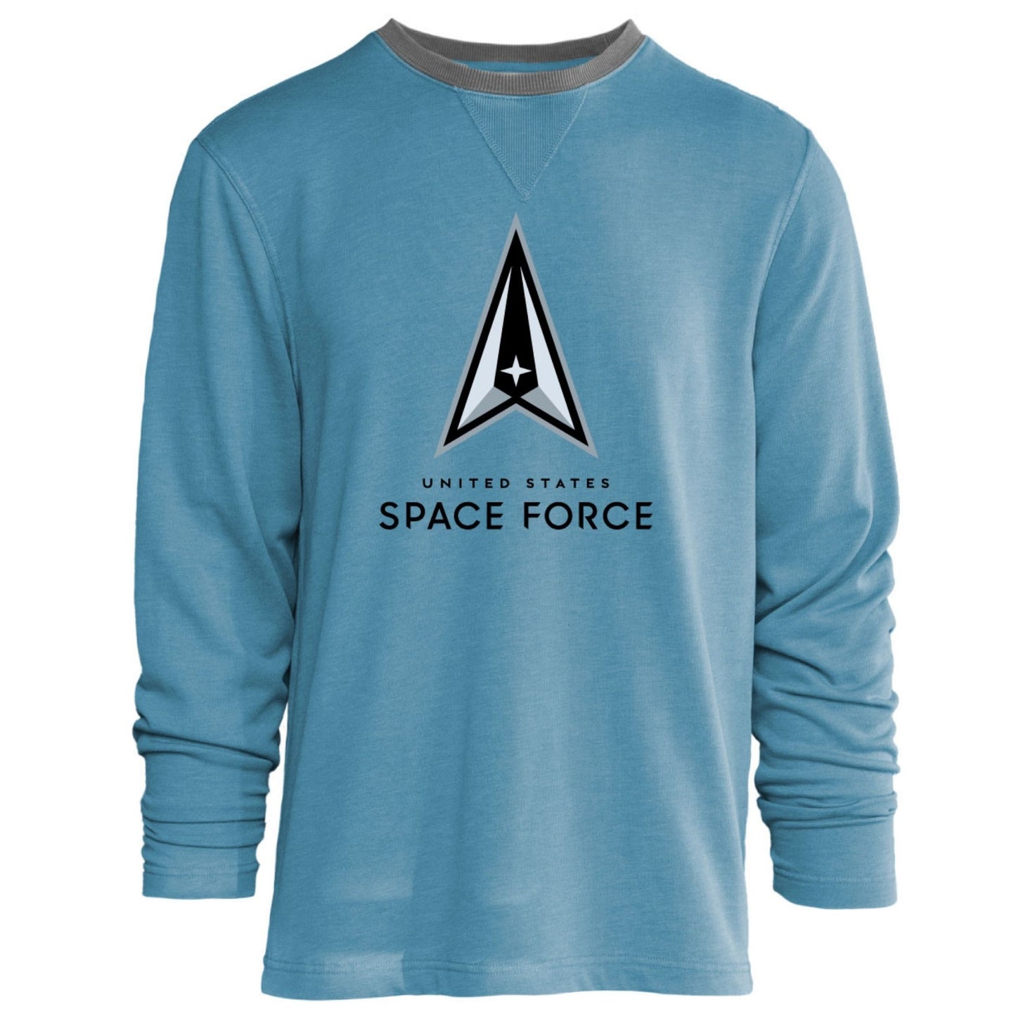 United States Space Force long sleeve crewneck shirt in light blue featuring the Space Force Delta emblem