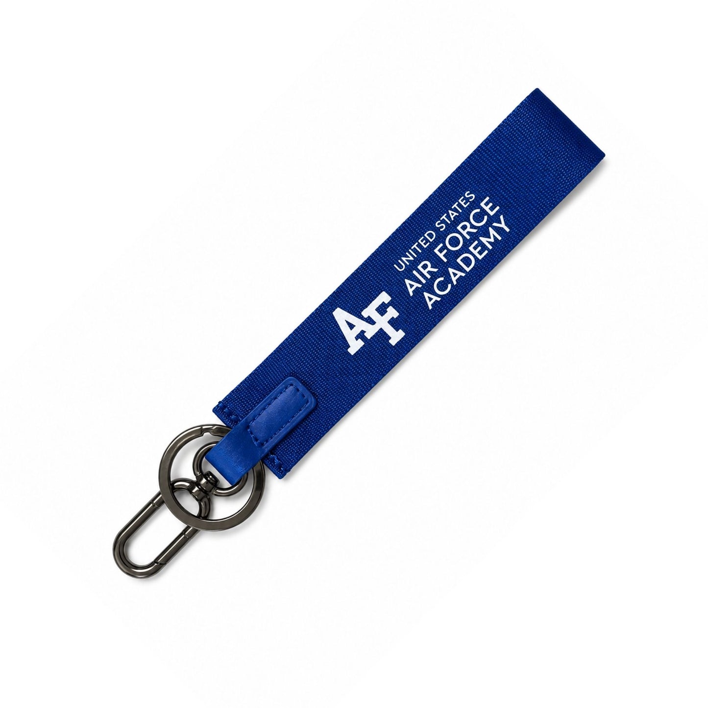 Royal blue USAFA Academy Wristlet Keychain with Air Force Academy graphics and metal clasp hardware.