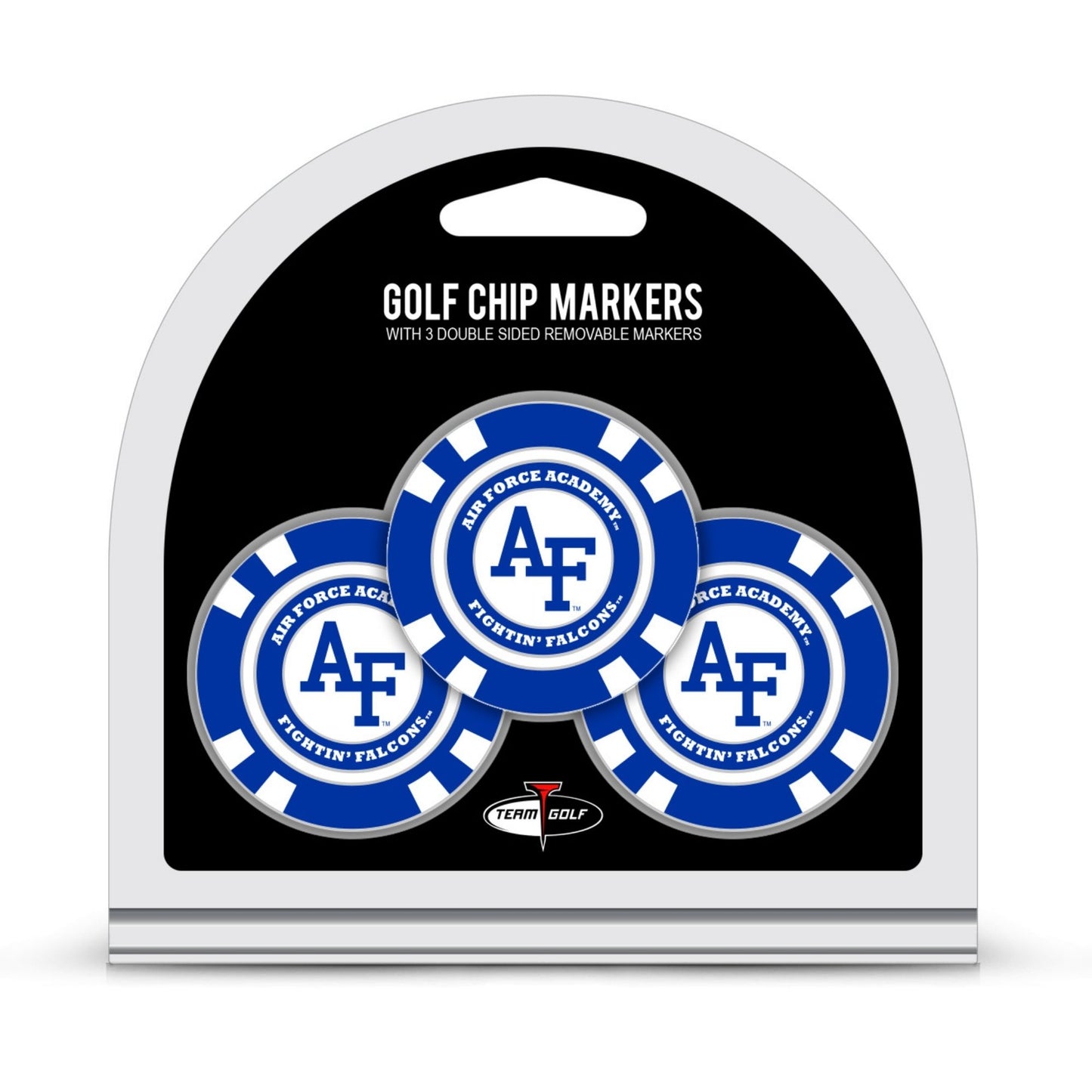 Air Force Academy AF logo golf chip markers 3 pack with removable double-sided ball marker poker style golf accessory