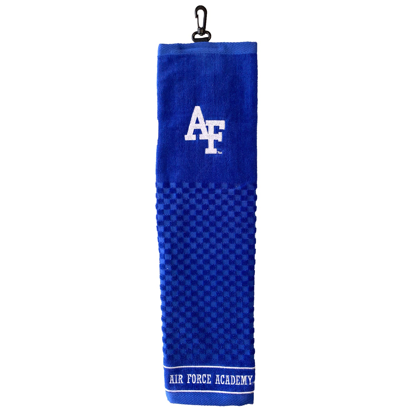 Royal blue Air Force Academy golf towel with embroidered AF logo and “Air Force Academy” text, featuring textured grip pattern and clip attachment.