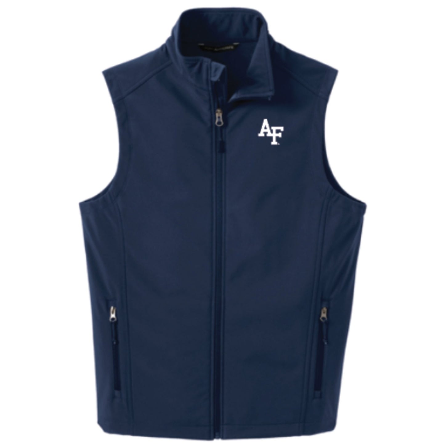 Navy Air Force Academy full-zip vest featuring white AF logo on left chest