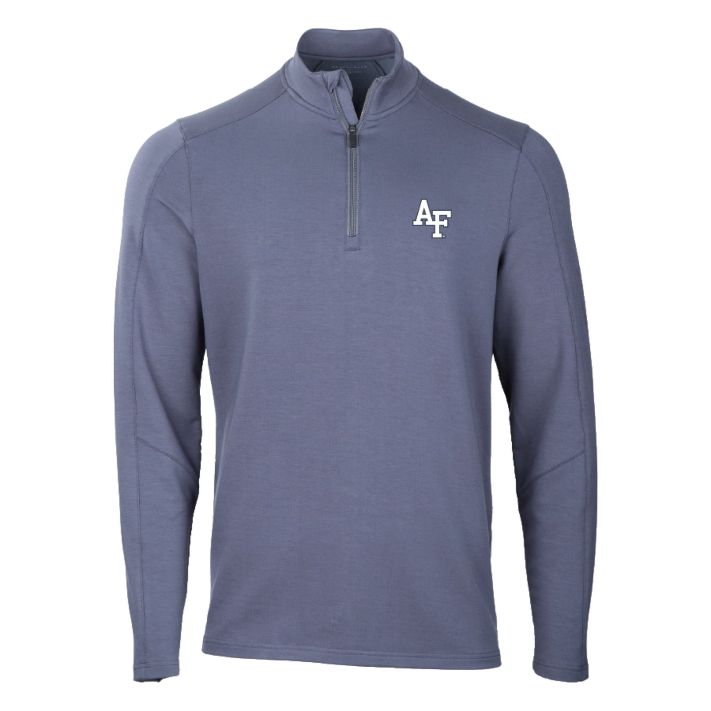 Steel blue Air Force Academy quarter-zip pullover featuring white AF logo on left chest