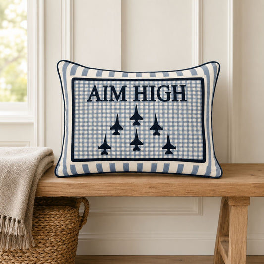 Air Force Academy Aim High rectangular pillow styled on a wooden bench.