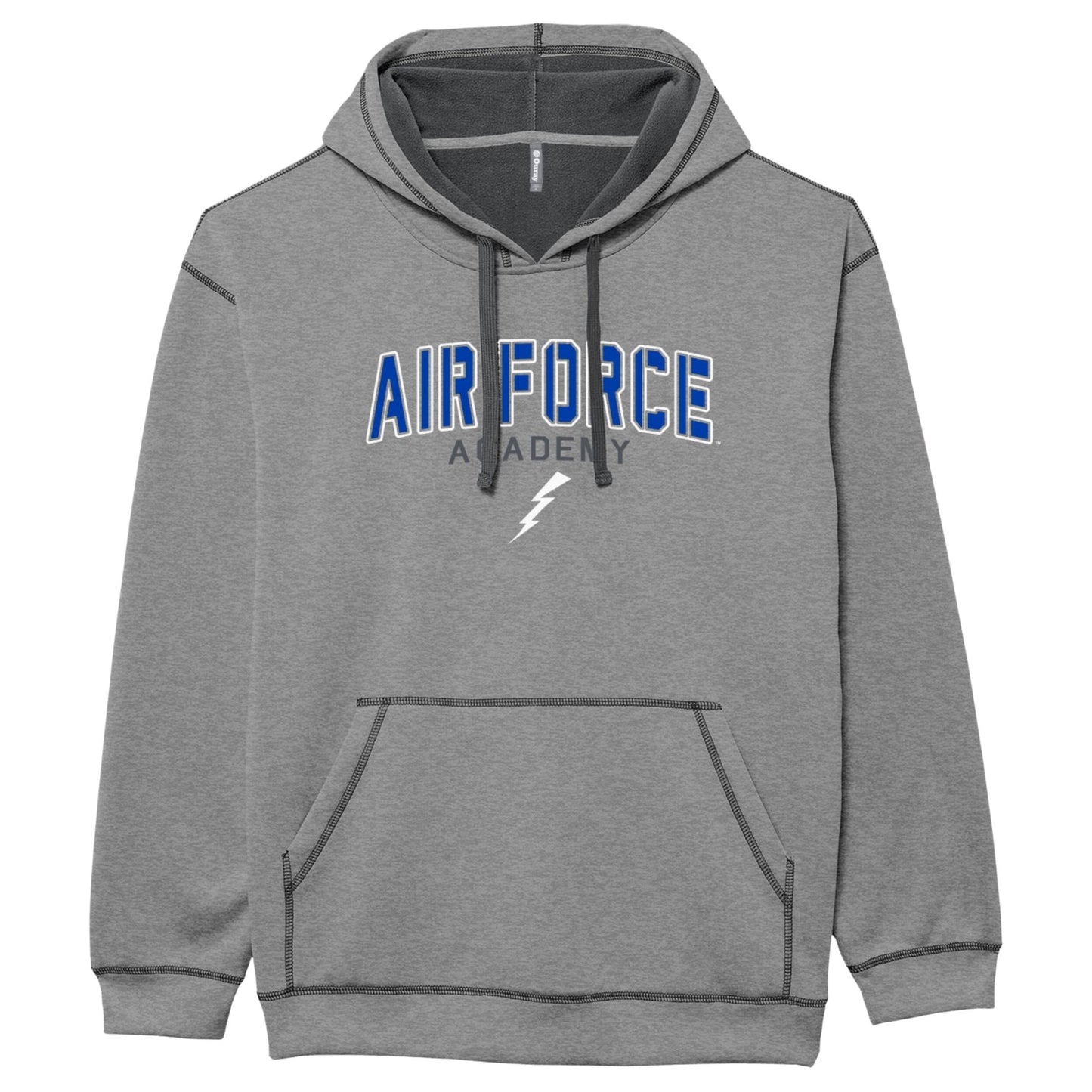 Heather gray Air Force Academy hoodie featuring AIR FORCE text and lightning bolt graphic on front