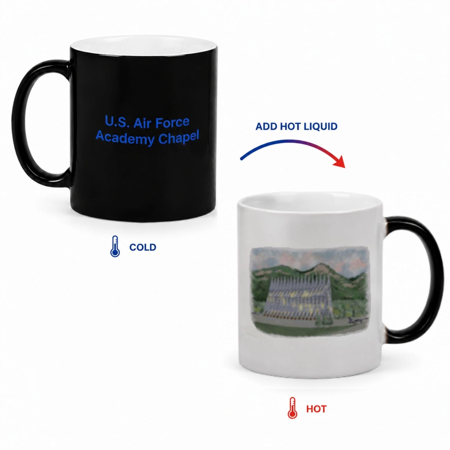 11 oz. Air Force Academy Chapel reveal mug showing black cold state and colorful Chapel artwork when heated.