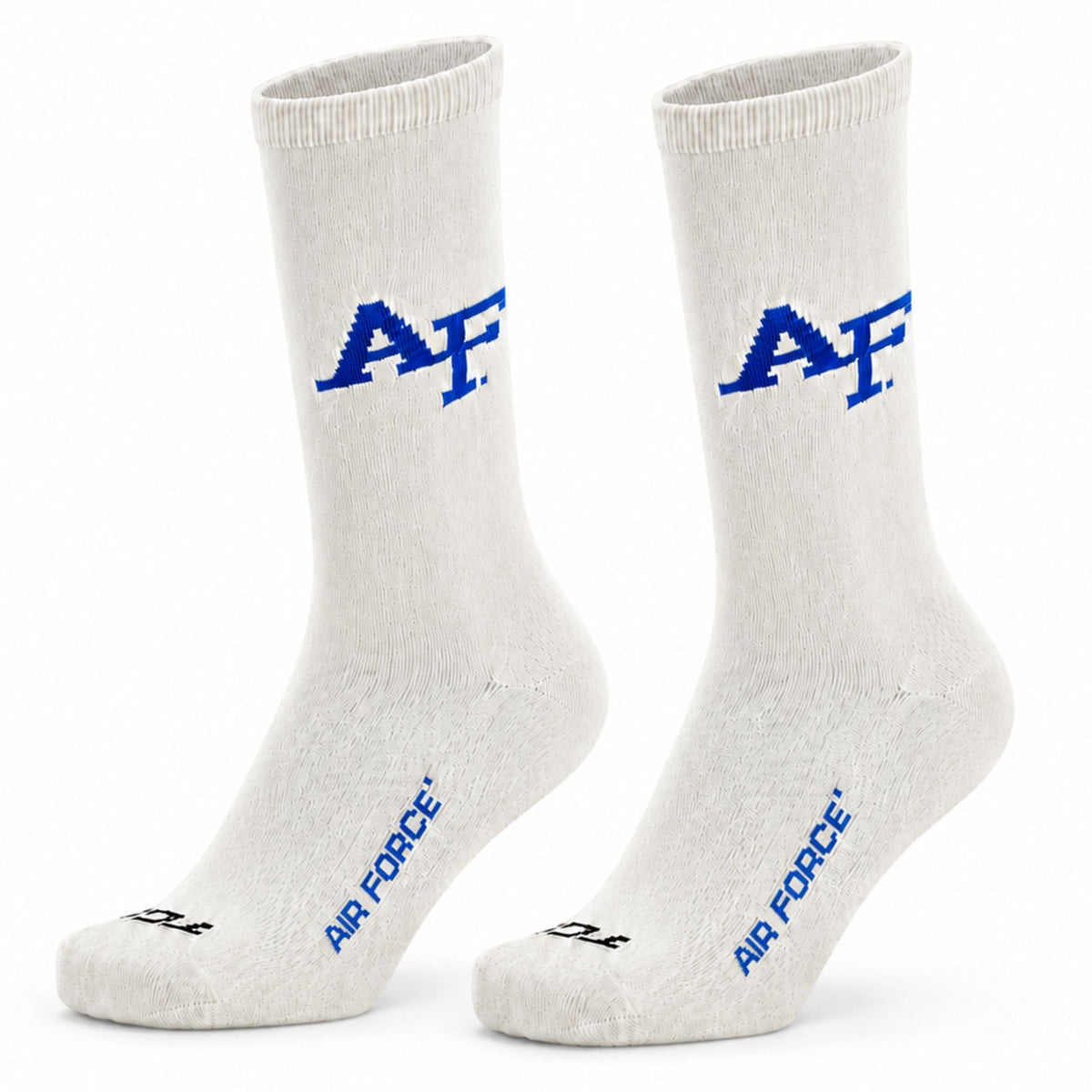 Pair of cream Air Force Academy Classic Socks with blue AF and Air Force details on a white background.