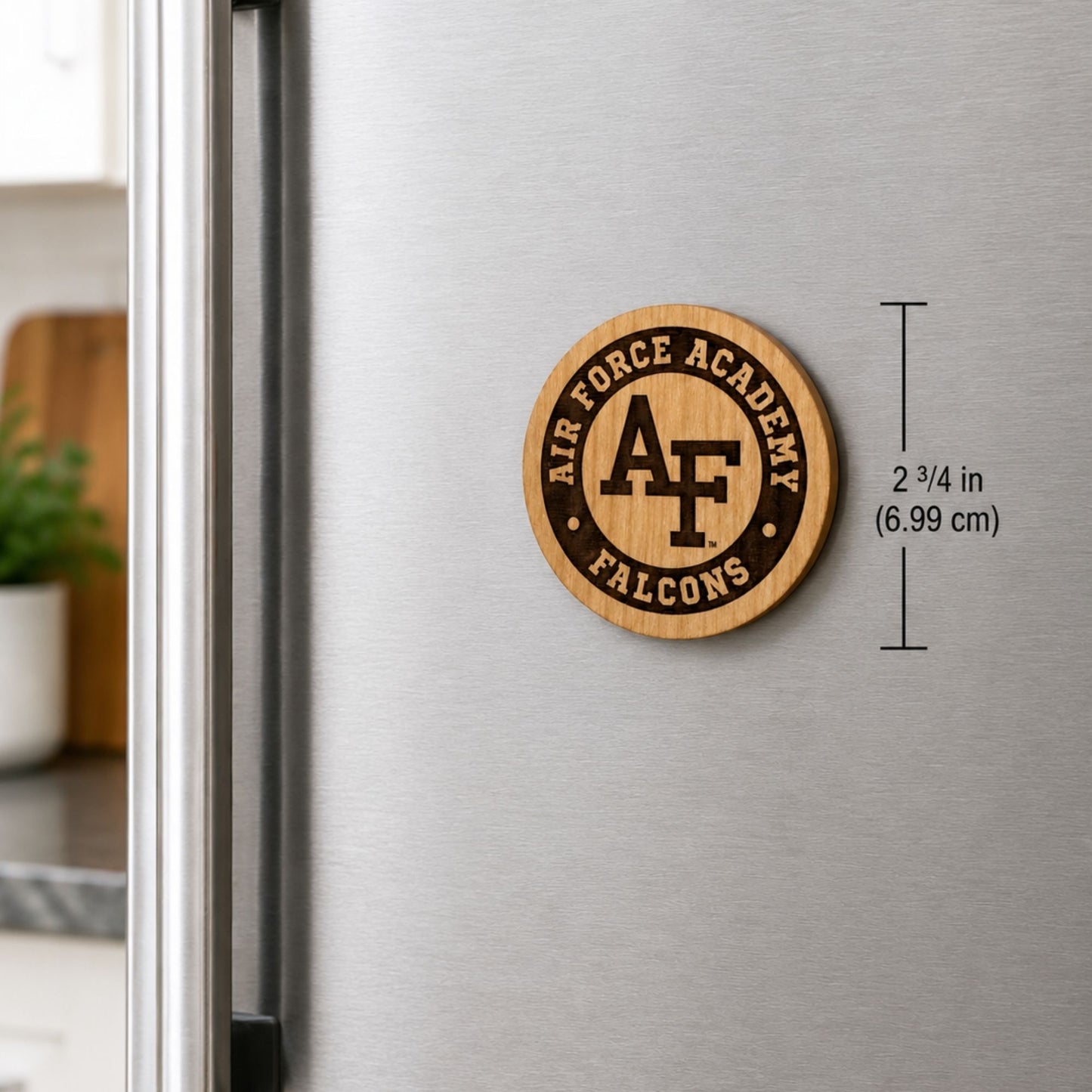 Round Air Force Academy Falcons wooden magnet with engraved AF logo and natural wood grain finish.