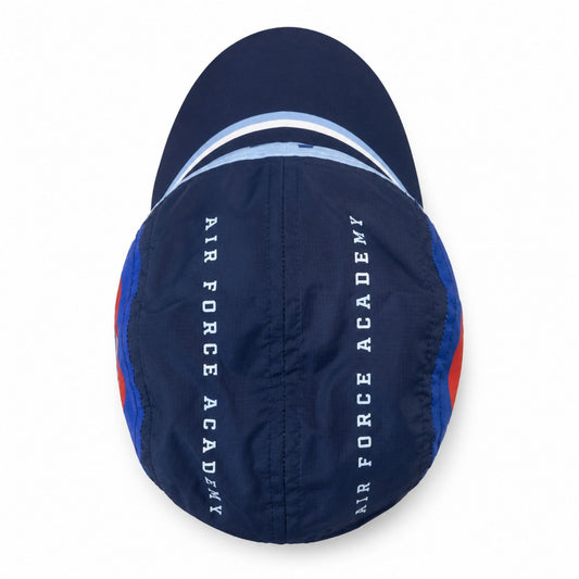 Navy and light-blue Air Force Academy cycling hat with AF logos, Colorado mountain graphics, a striped extended bill, and a foldable design.