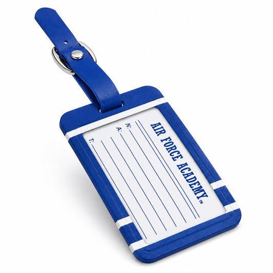 Air Force Academy golf bag tag with AF logo, full-color graphics, and faux leather strap displayed