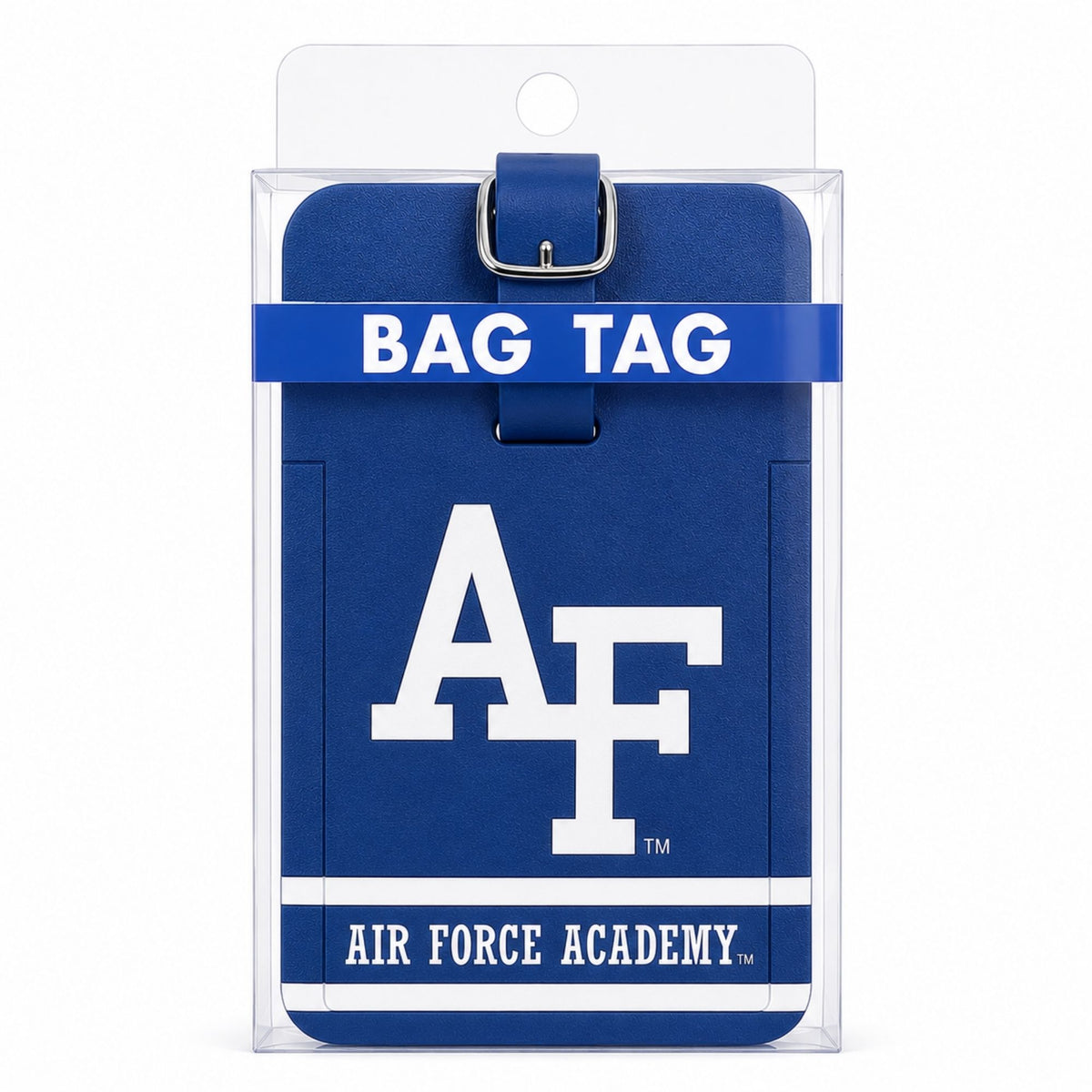 Air Force Academy golf bag tag with AF logo, full-color graphics, and faux leather strap displayed