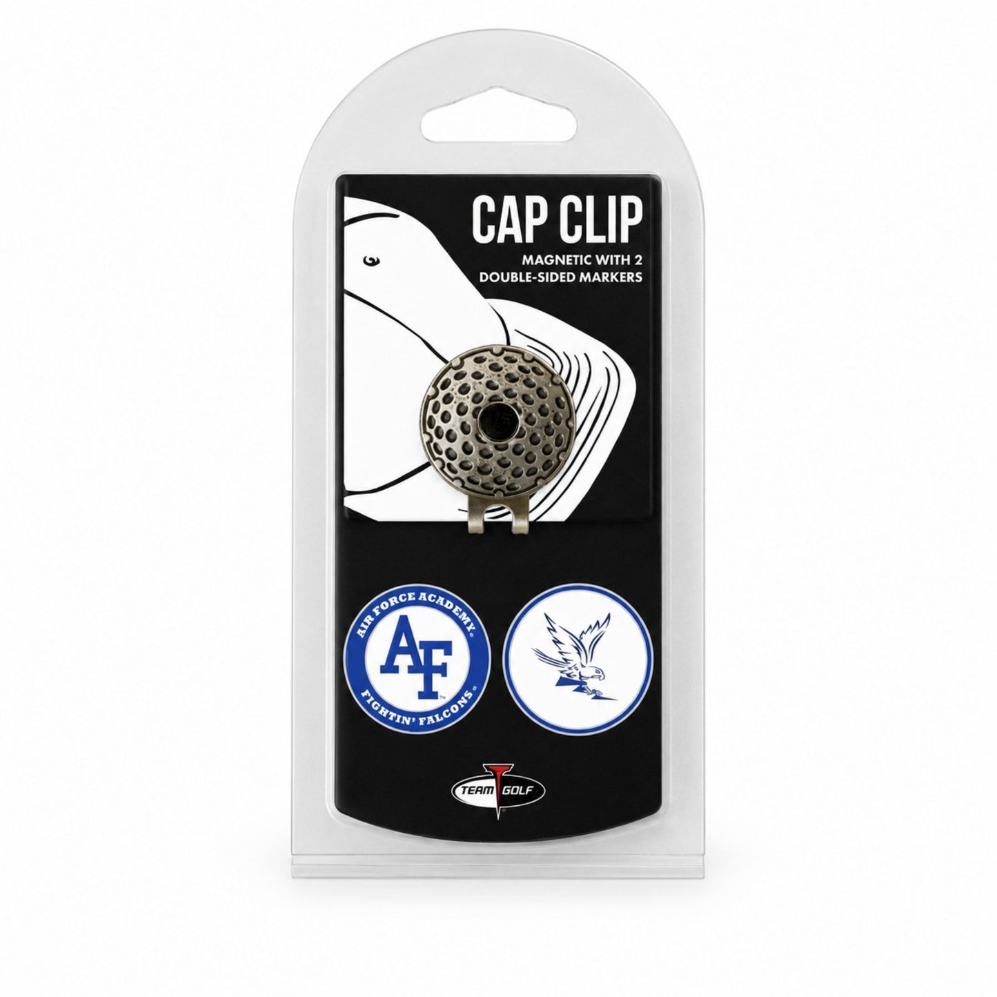 Air Force Academy golf cap clip with nickel finish and two removable double-sided magnetic ball markers in retail packaging.