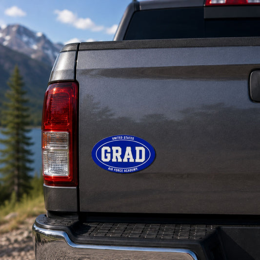 Air Force Academy GRAD auto magnet in royal blue and white measuring 6 inches wide by 4 inches high.
