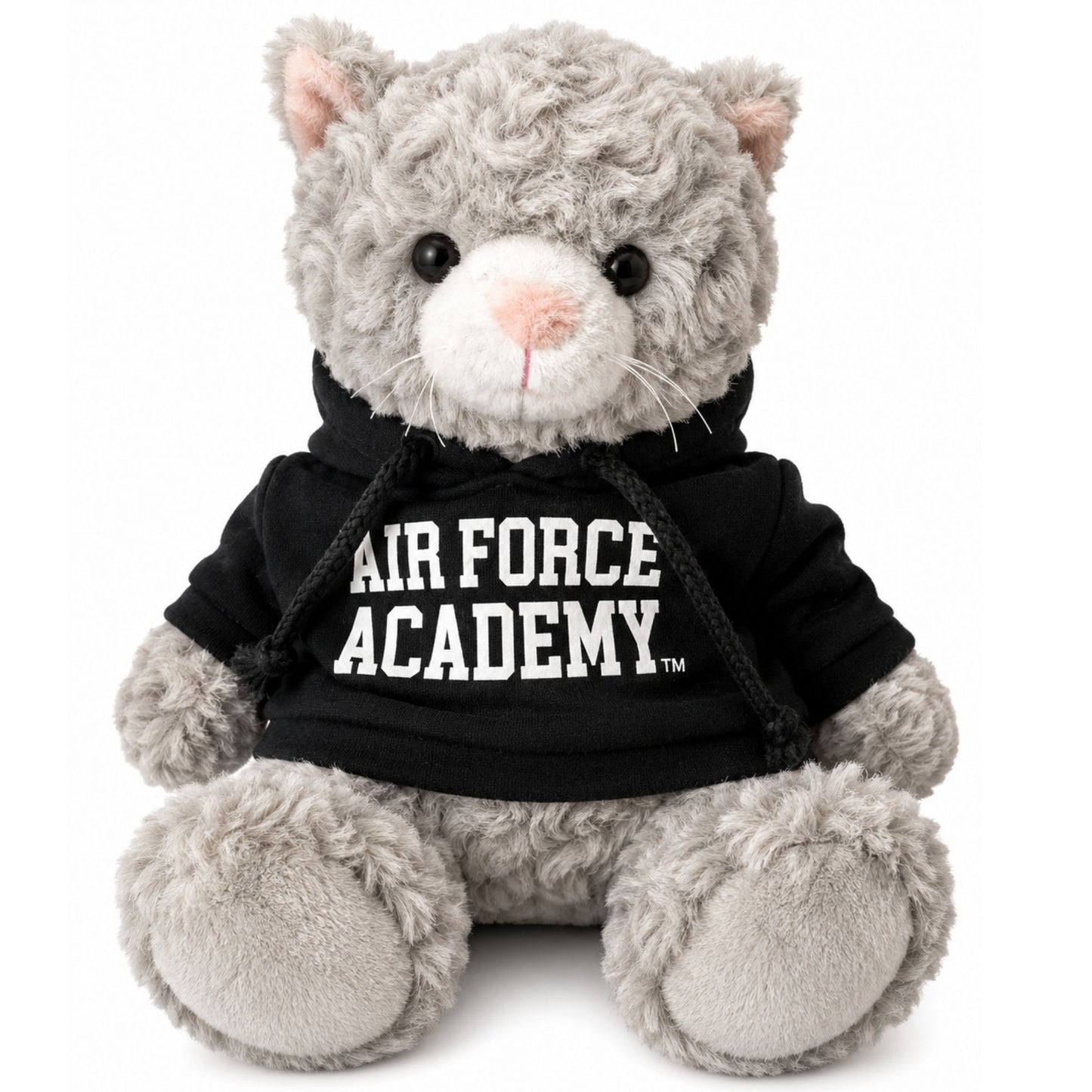 Gray Air Force Academy plush cat with soft swirly minky-textured fur, pink nose, black hoodie, and embroidered Air Force Academy logo