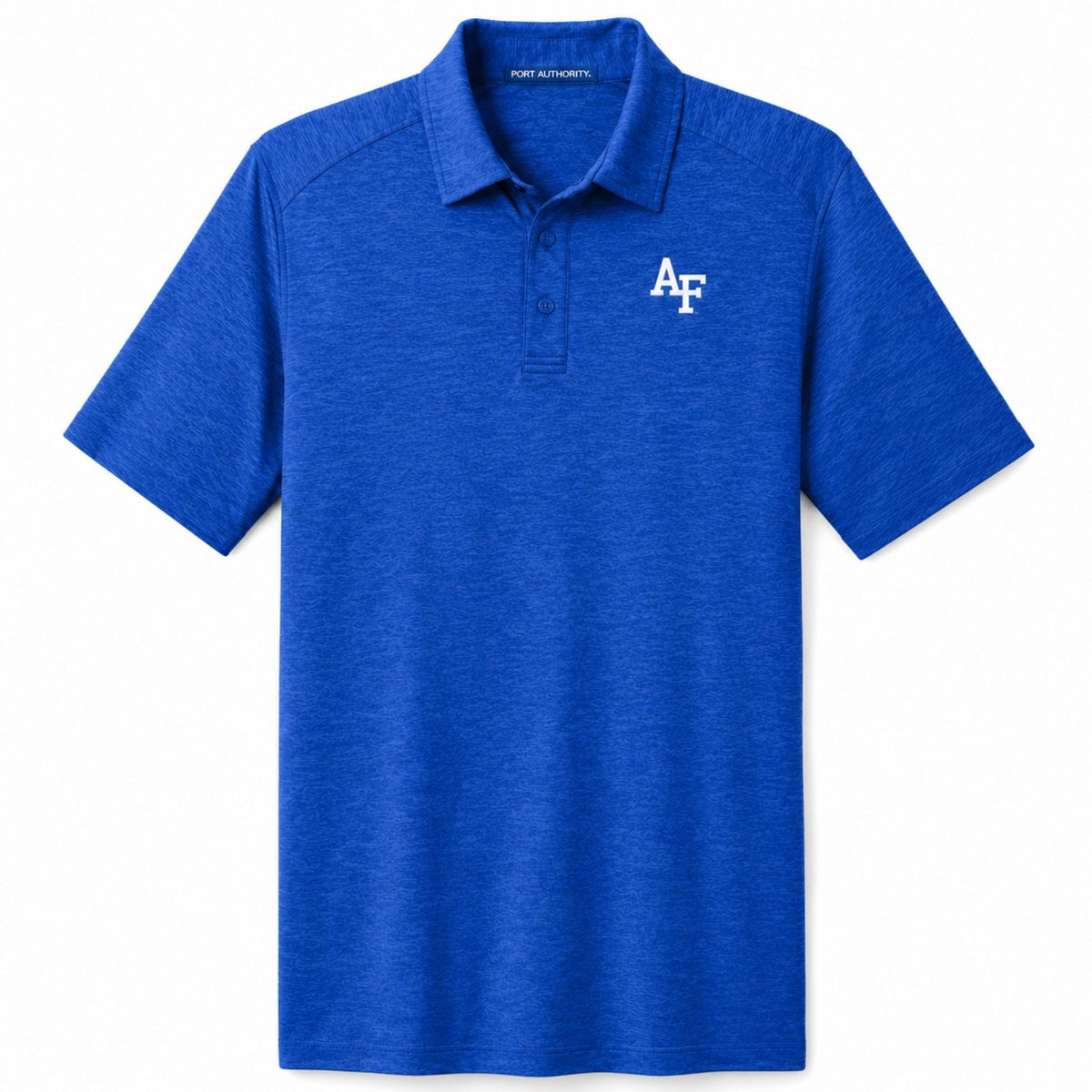 Men’s royal blue Air Force Academy performance polo with moisture-wicking fabric and embroidered AF logo on chest