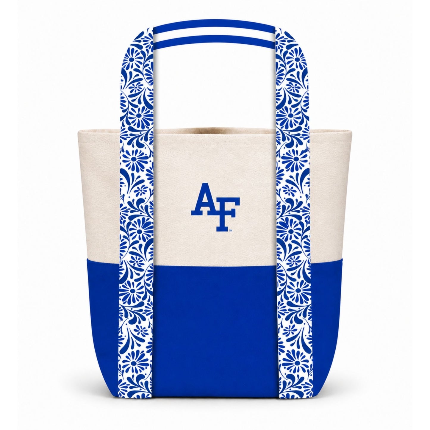 Air Force Academy mini canvas tote bag with blue base, AF logo, and floral patterned straps on a clean white background