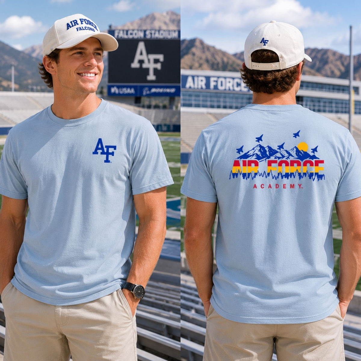 Light blue Air Force Academy Rocky Mountain Flyover Tee with AF chest logo and colorful mountain flyover graphic on back.
