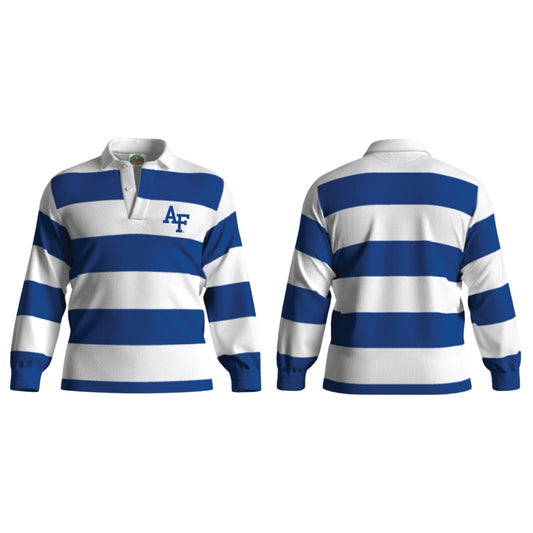 Front and back view of royal blue and white striped Air Force Academy rugby shirt featuring AF logo on left chest