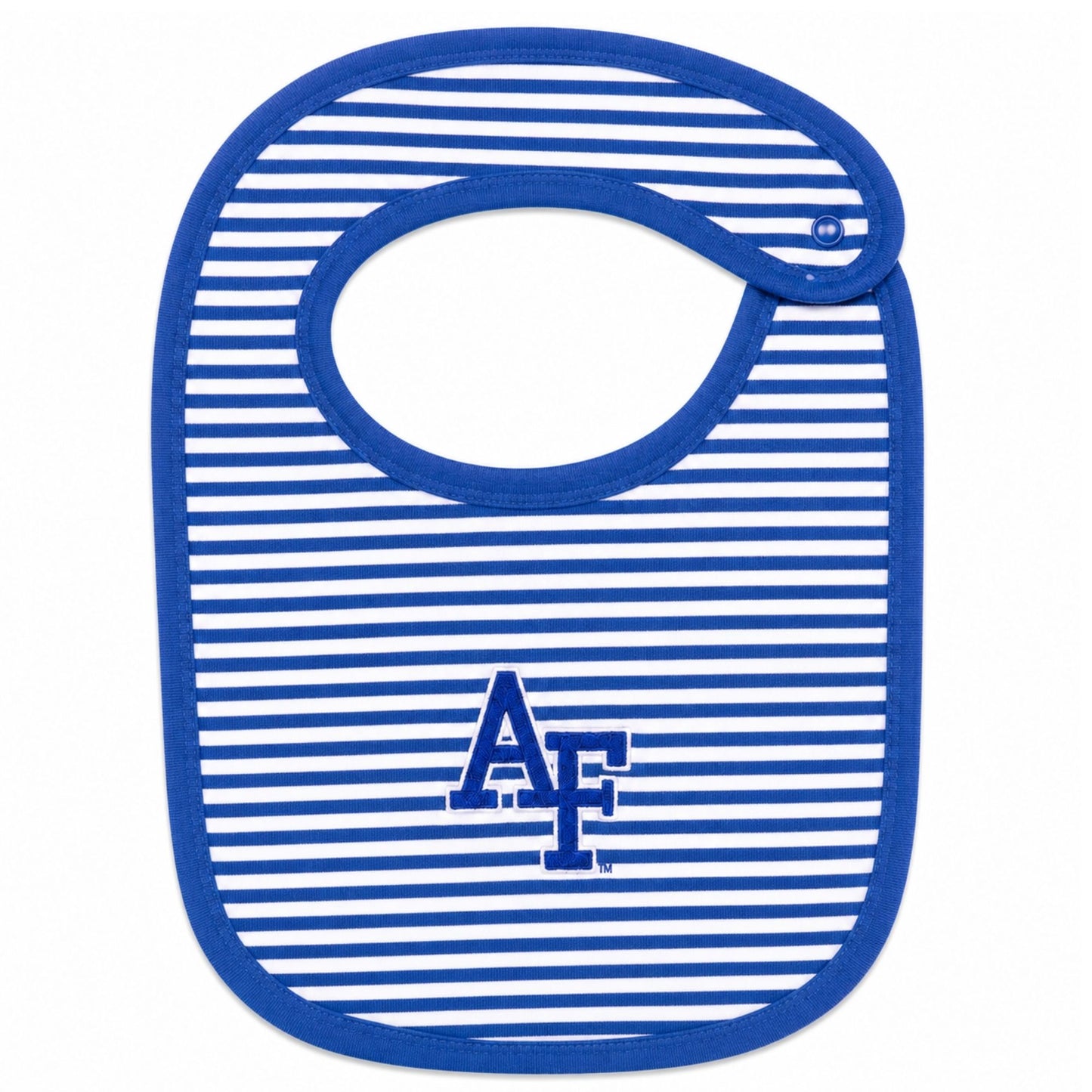 Air Force Academy baby bib with royal blue and white stripes, embroidered AF logo, and snap closure.