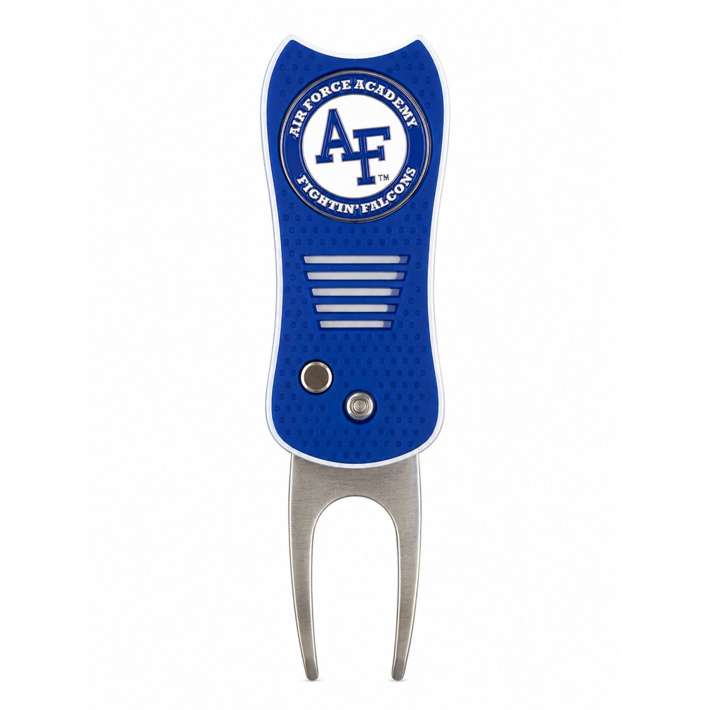 Air Force Academy switchblade divot tool with blue ergonomic handle, AF Fightin' Falcons emblem, removable ball marker, and stainless steel repair prongs displayed