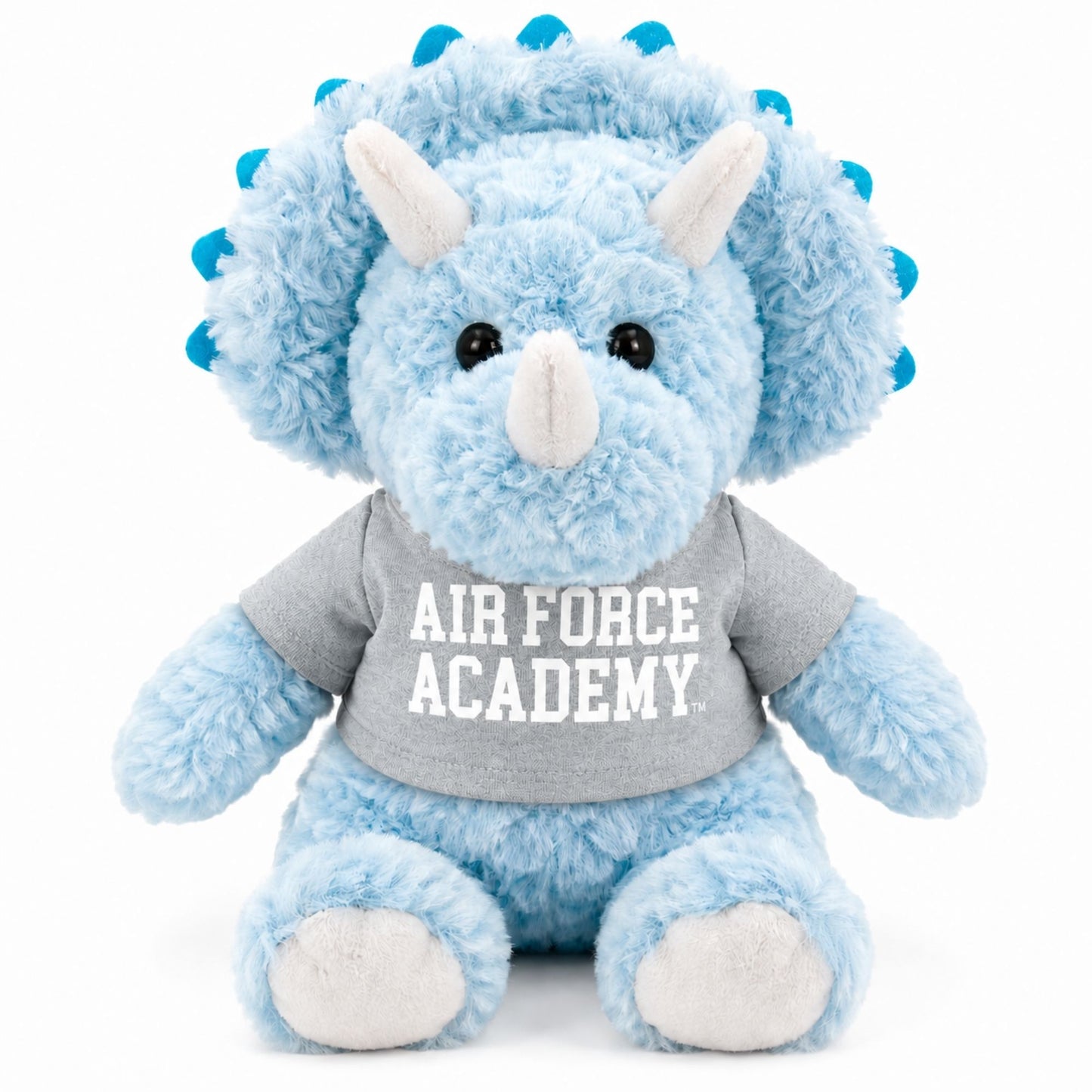 Light blue Air Force Academy triceratops plush toy wearing a heather gray Air Force Academy t-shirt