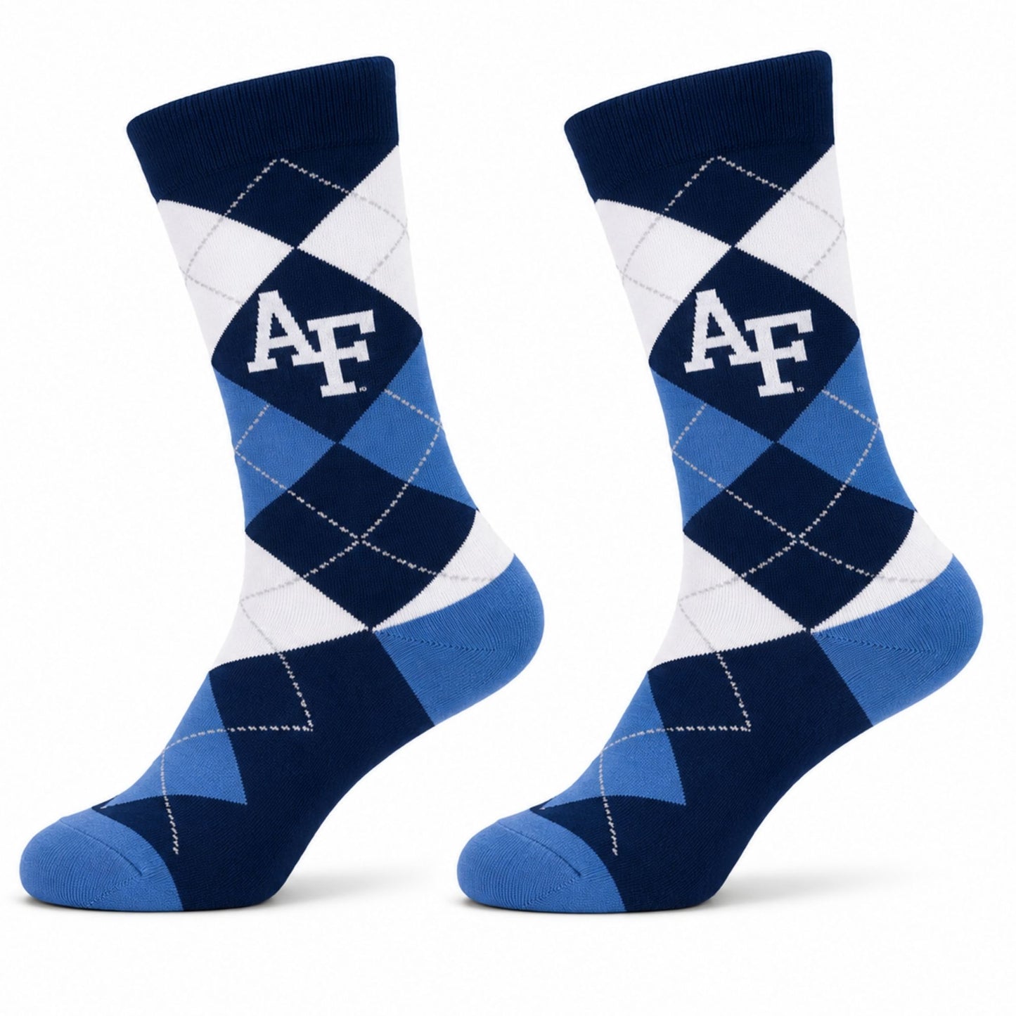 Air Force Blues Argyle Dress Socks featuring a navy, blue, and white argyle pattern with a white AF logo