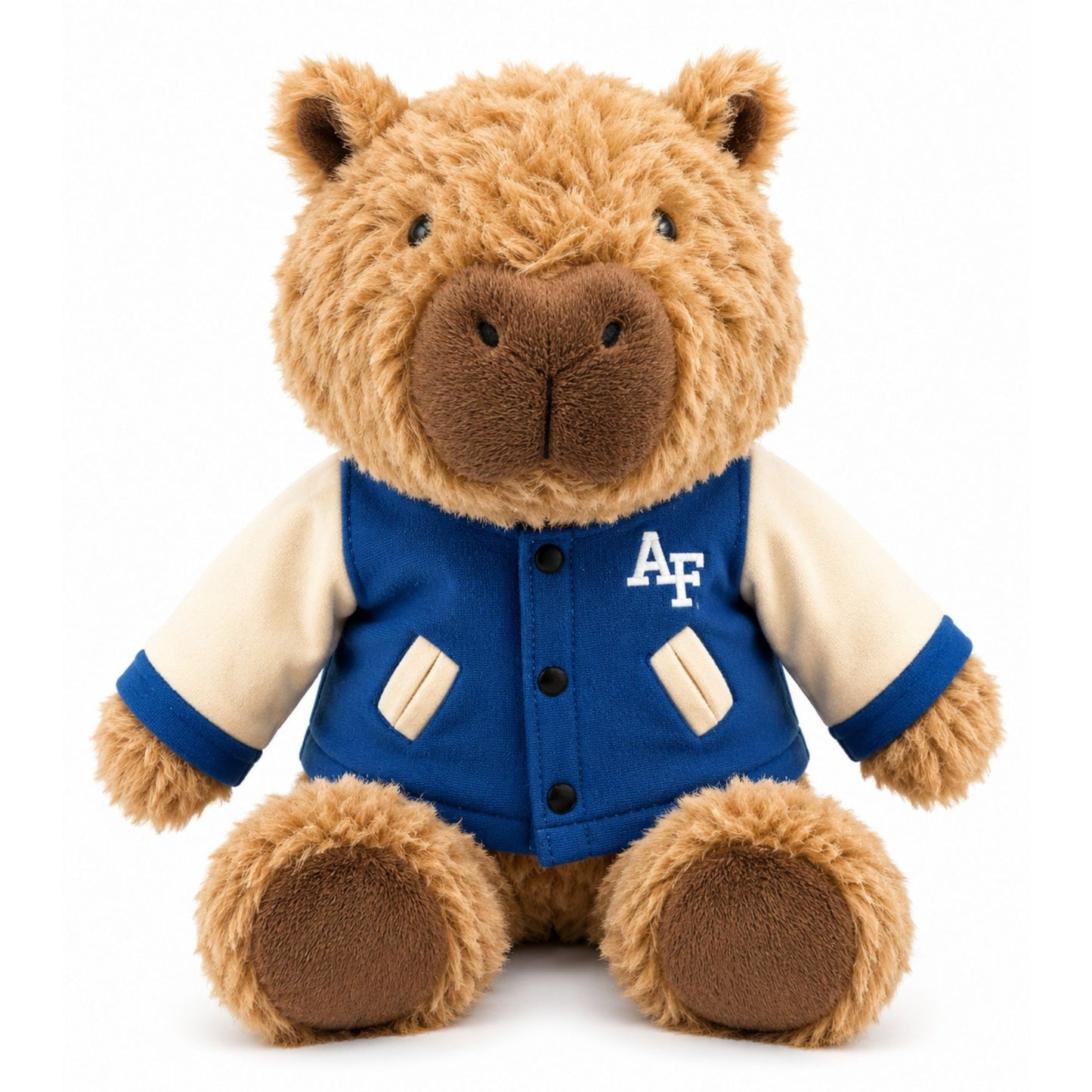 Air Force Capybara Cuddle Buddy plush featuring soft shaggy fur and a blue varsity jacket with embroidered AF logo