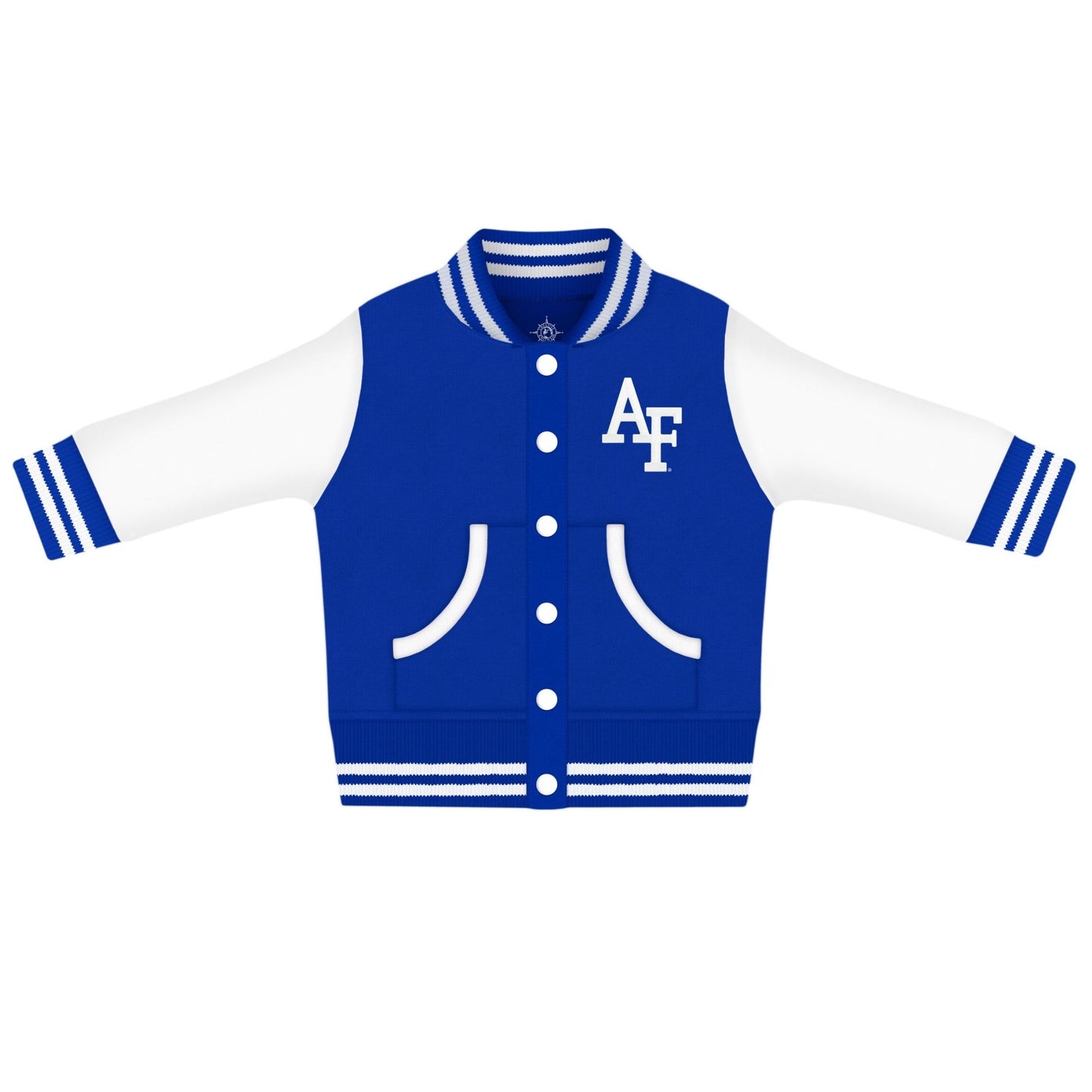 Blue and white Air Force child varsity jacket with AF logo on the chest, featuring snap buttons and striped ribbed trim