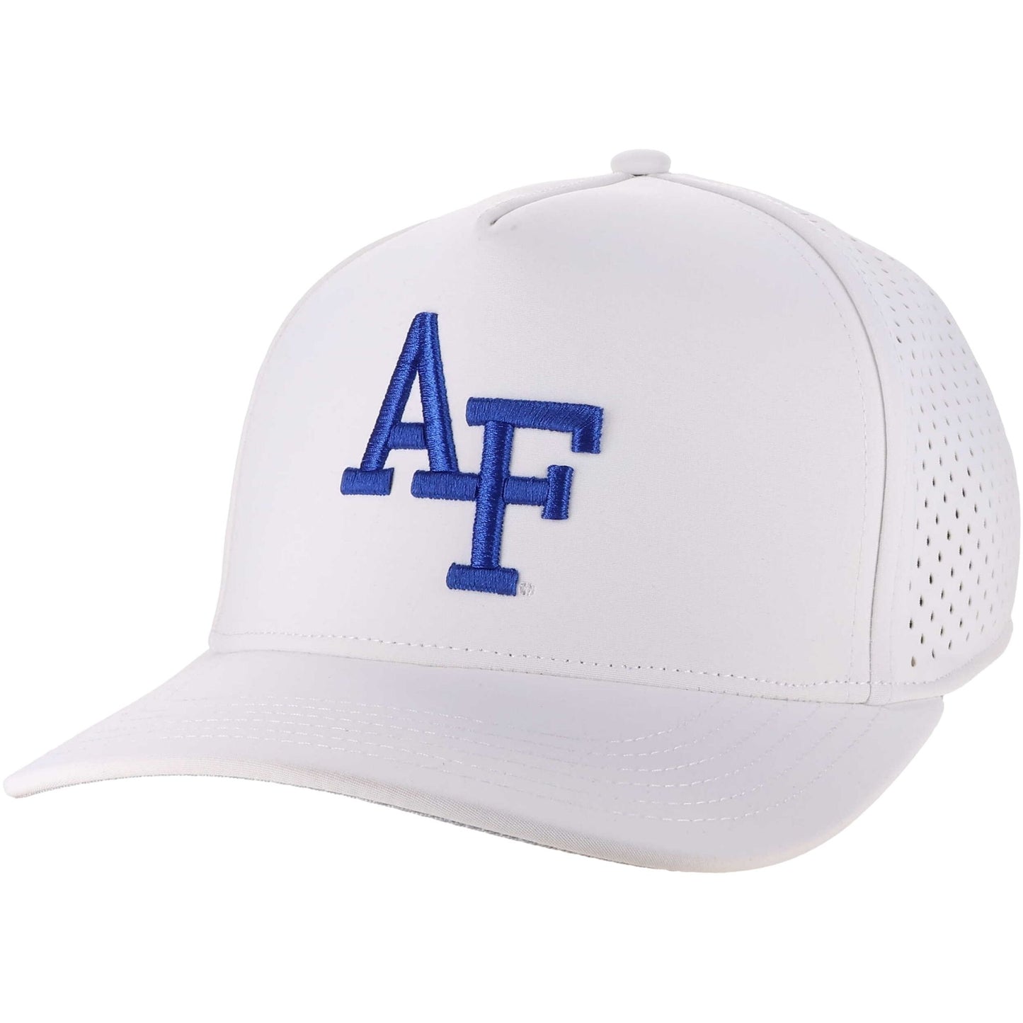 White Air Force Classic Performance Cap with embroidered blue Air Force logo and breathable perforated side panels