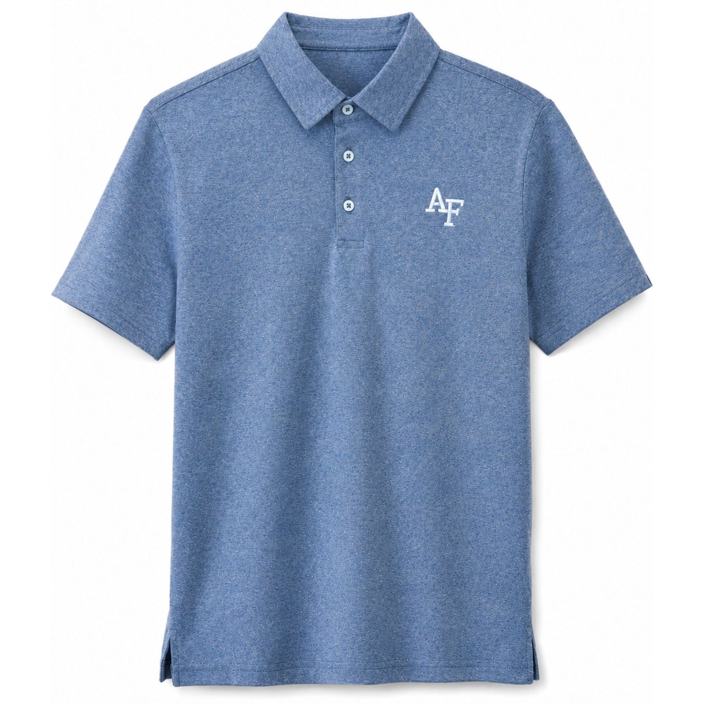 Air Force Eco Polo Blue Rainbow featuring a heathered blue recycled fabric with multicolor flecks, embroidered AF logo, and three-button collar.