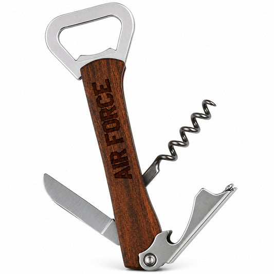 Air Force etched wine and bottle opener with laser engraved wood handle, corkscrew, foil cutter, and stainless-steel bottle opener