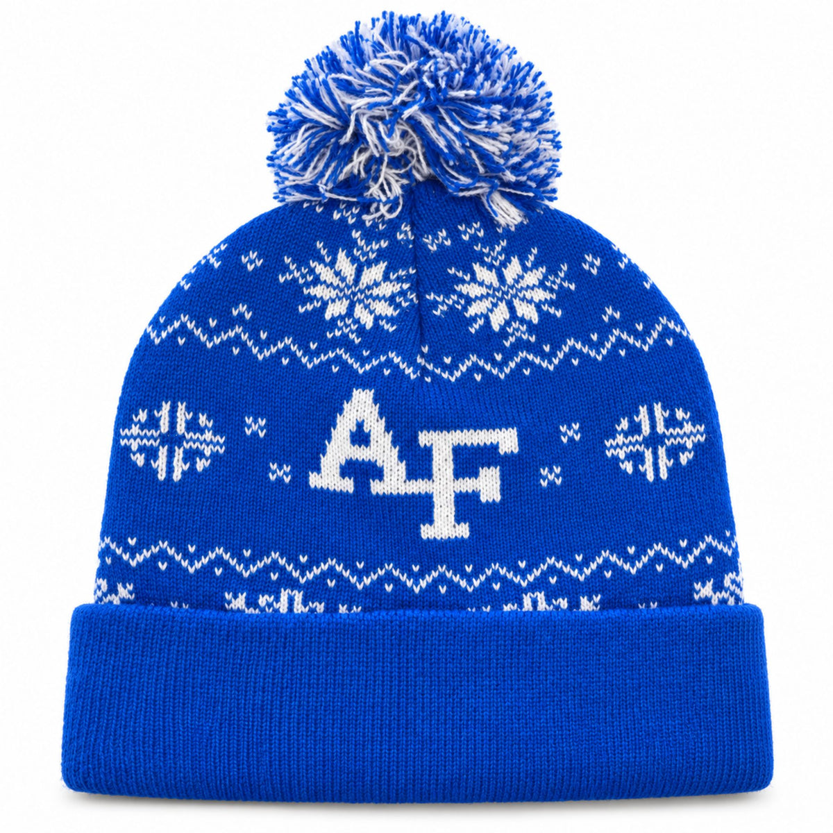 Back of royal blue Air Force beanie with white AF logo, snowflake pattern, blue and white pom pom, and plain folded cuff.
