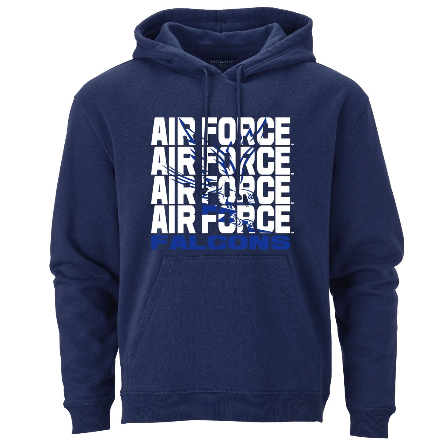 Navy Air Force Falcons hoodie featuring stacked AIR FORCE text and falcon graphic on front
