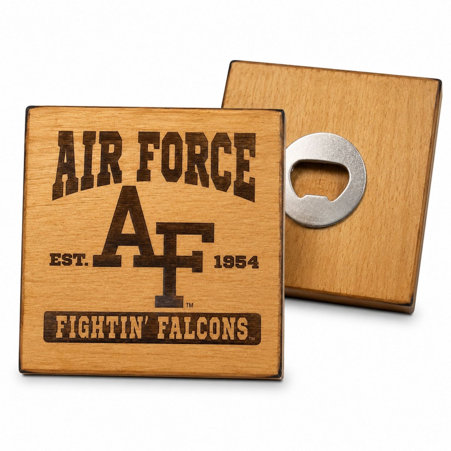 Air Force Fightin' Falcons wooden coaster bottle opener featuring laser engraved Air Force Academy artwork and integrated metal bottle opener on the reverse side.