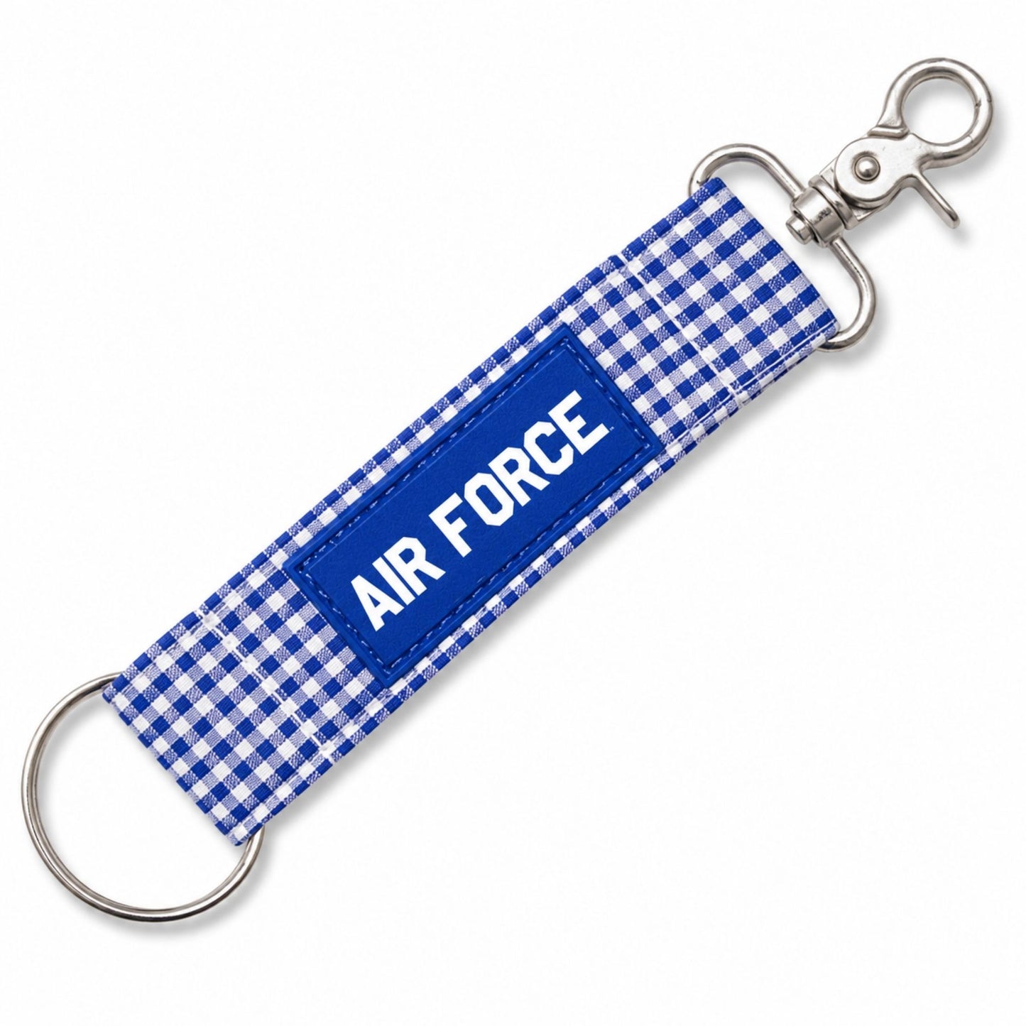 Blue gingham Air Force key strap with rubber Air Force patch, lobster claw clasp, and split ring hardware
