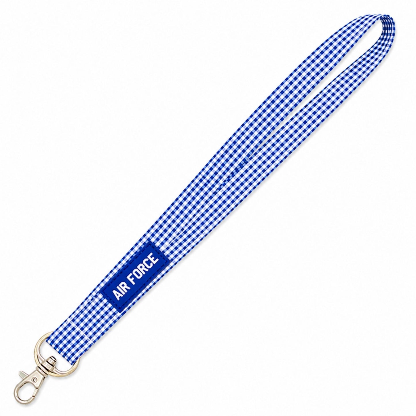 Blue gingham Air Force lanyard with rubber Air Force patch, snap clip, and split ring hardware