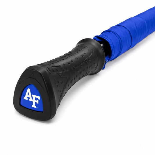 Blue and white Air Force Golf Umbrella with 62-inch double canopy, AF logos, ergonomic black handle, and matching branded sheath.