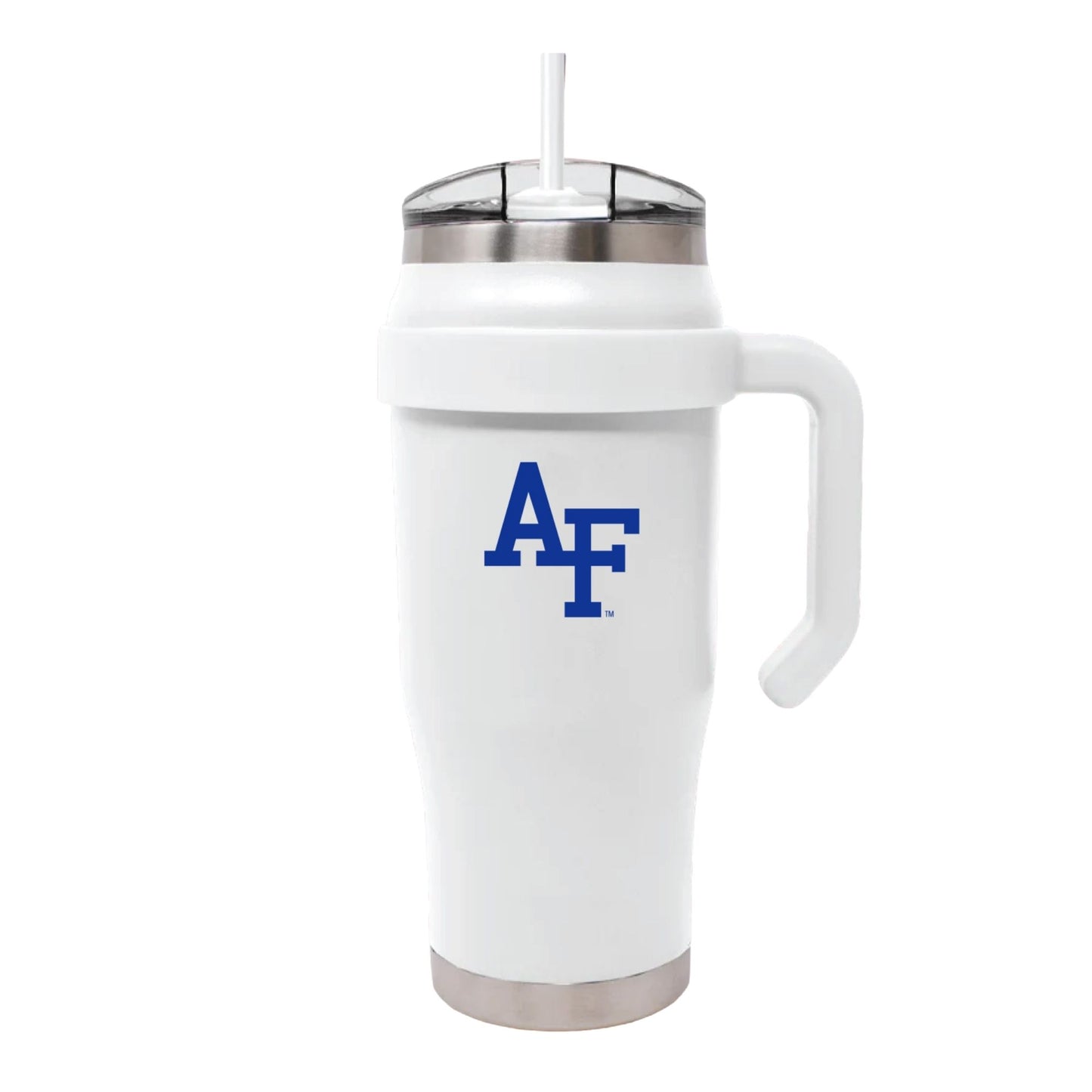 Air Force Mission Tumbler 32 oz white with handle, straw lid, and insulated stainless steel design