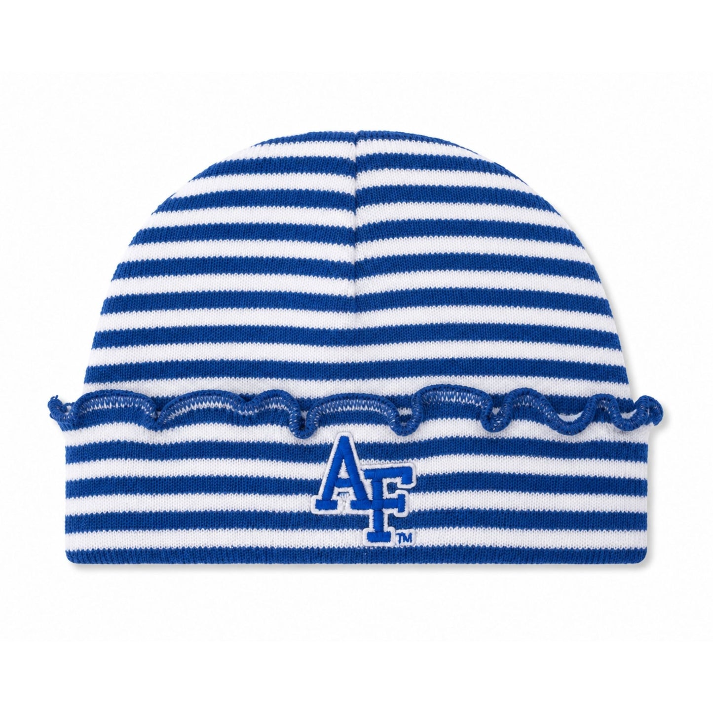 Newborn royal blue and white striped knit cap with ruffled trim and embroidered Air Force AF logo.