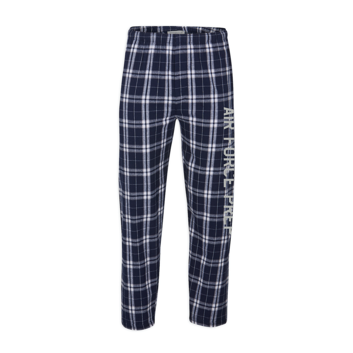 Navy plaid Air Force Prep pajama pants with vertical Air Force Prep logo on the leg