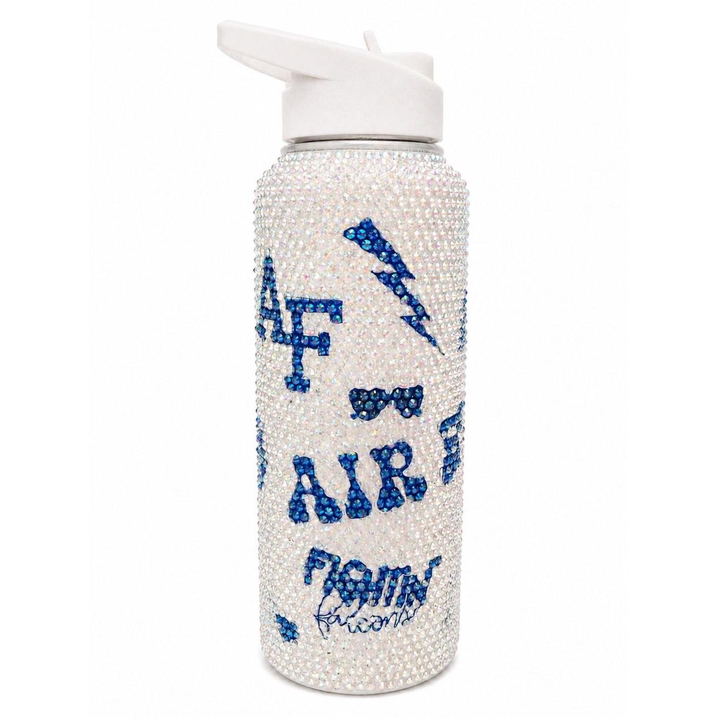 34 oz. rhinestone-covered stainless steel Air Force water bottle featuring current and vintage logo decorations with a spill-proof lid and insulated construction.